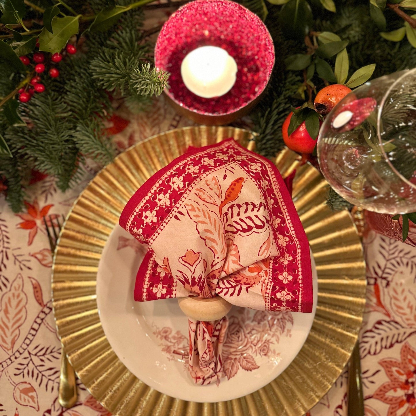 Tafelkleed Indiase blockprint off white met rood en oranje - Frank Styling