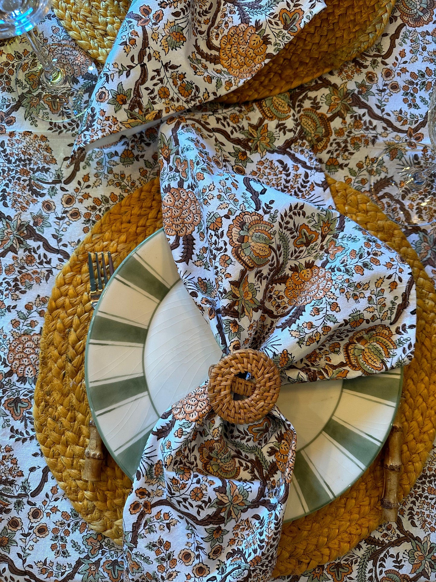 Katoenen servetten blockprint bruine takjes met oranje bloemetjes - Frank Styling