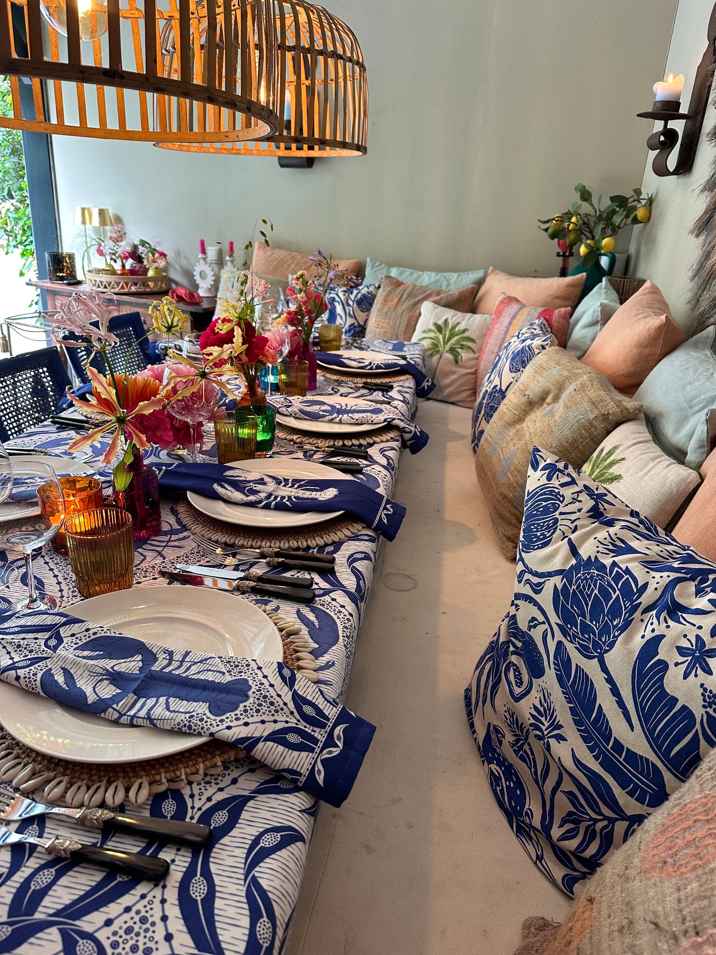 Katoenen servetten kreeftenprint blauw met wit