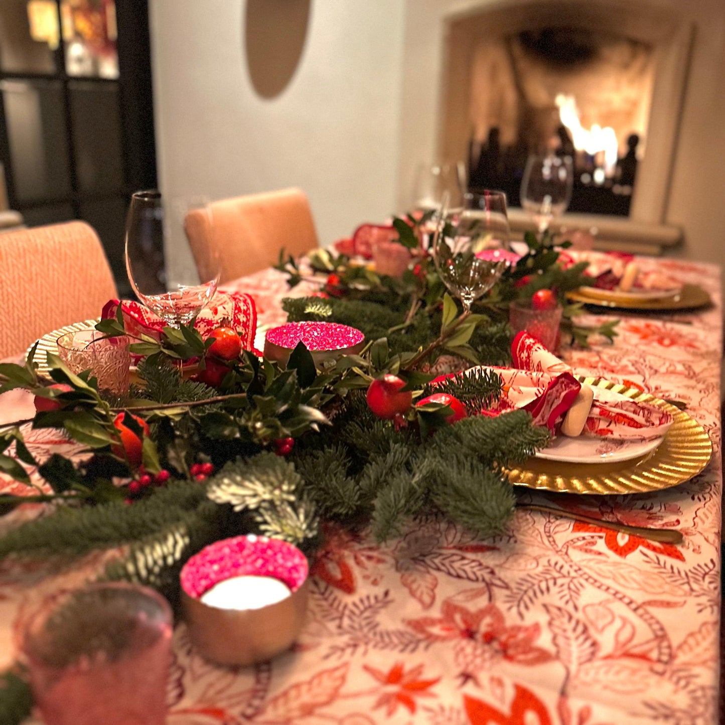 Tafelkleed Indiase blockprint off white met rood en oranje - Frank Styling