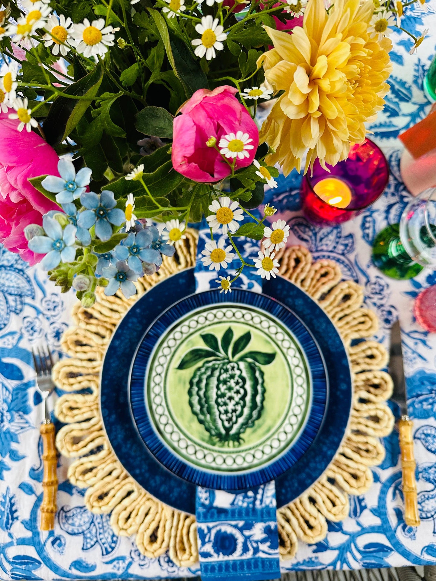 Tafelkleed Indiase blockprint wit met kobalt blauw - Frank Styling