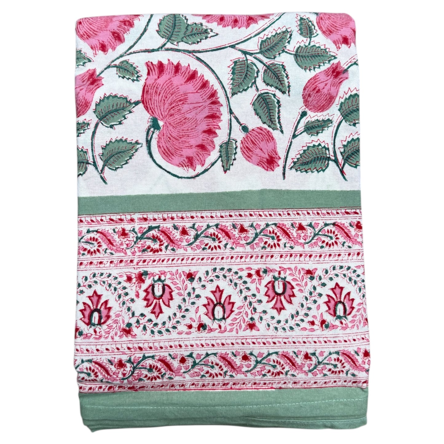 Tafelkleed Indiase blockprint wit met delicate roze bloemen en levendige groene bladeren