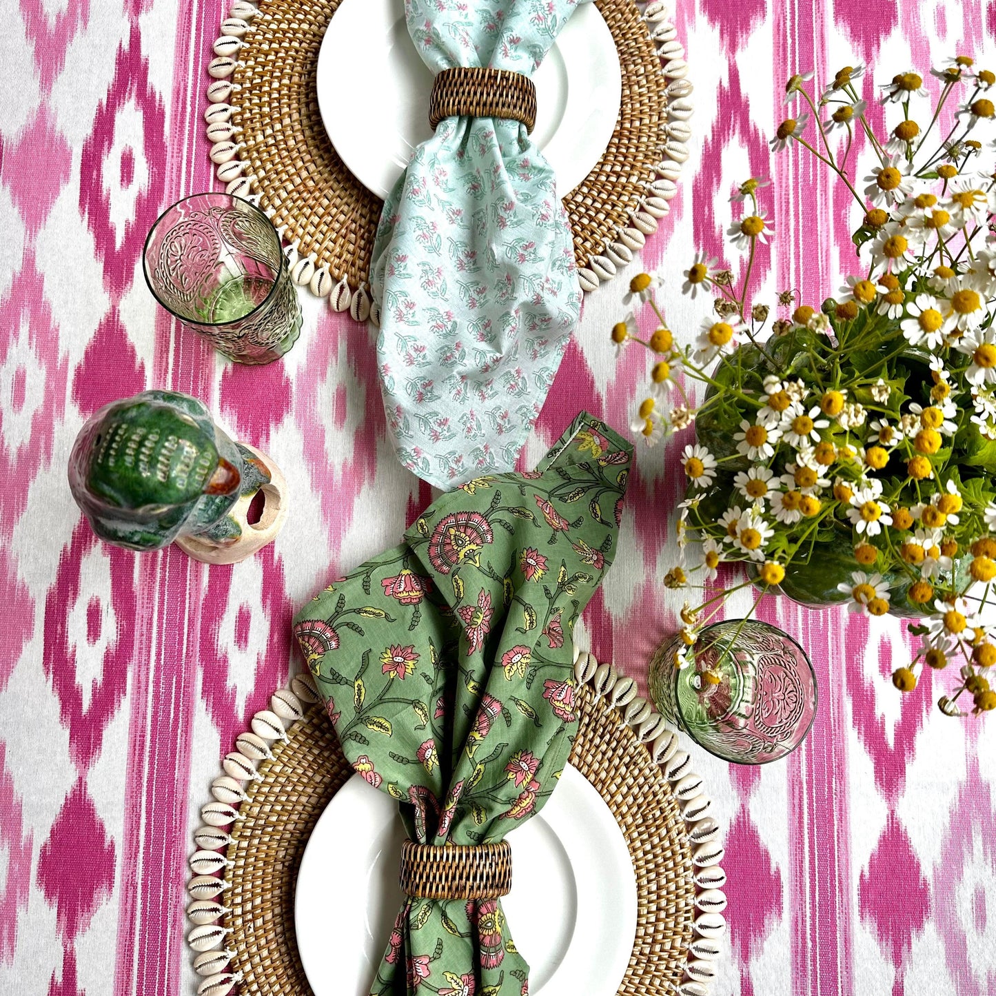 Katoenen servetten blockprint groen met roze bloemen - Frank Styling