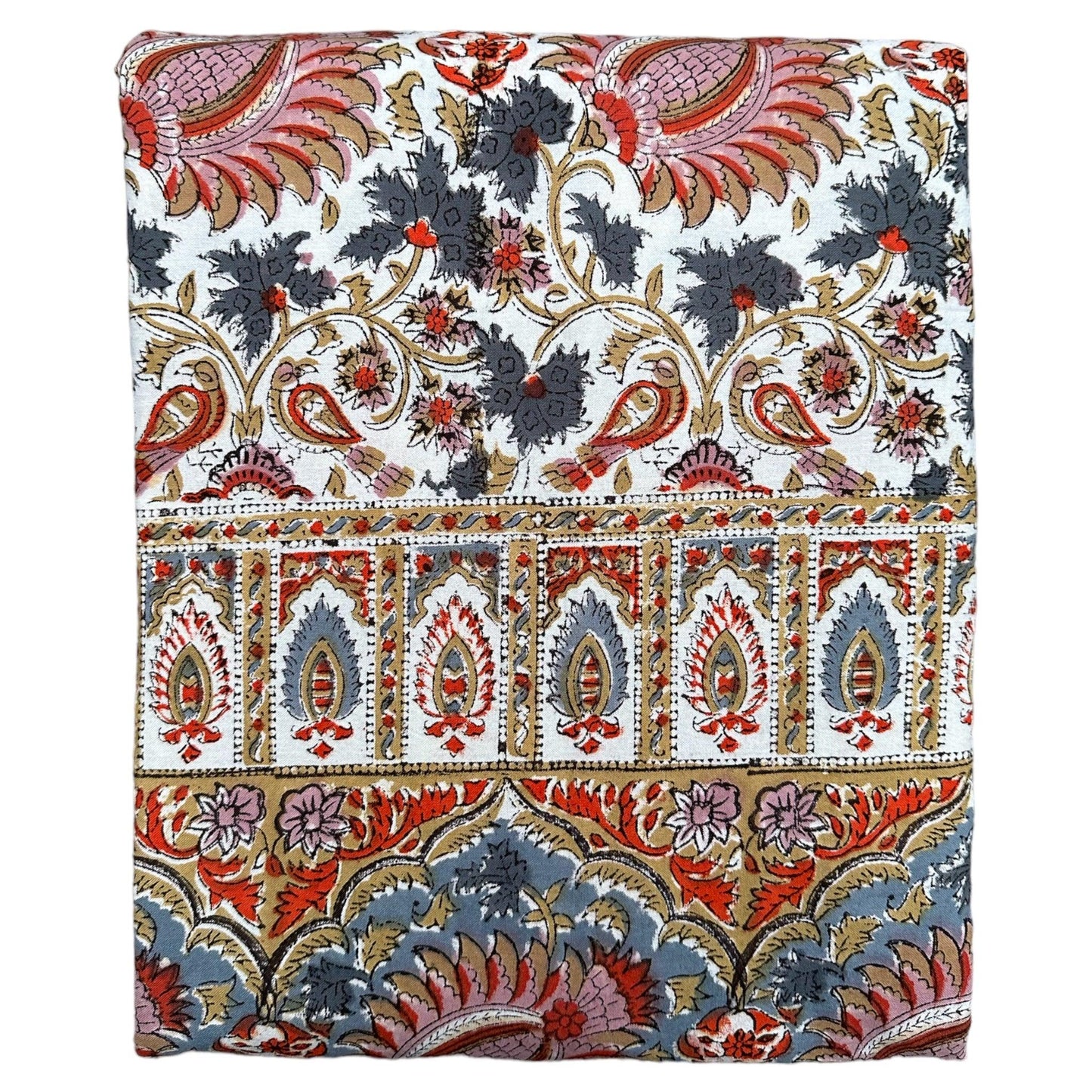 Tafelkleed Indiase blockprint offwhite okergele, blauw en roze bloemen - Frank Styling