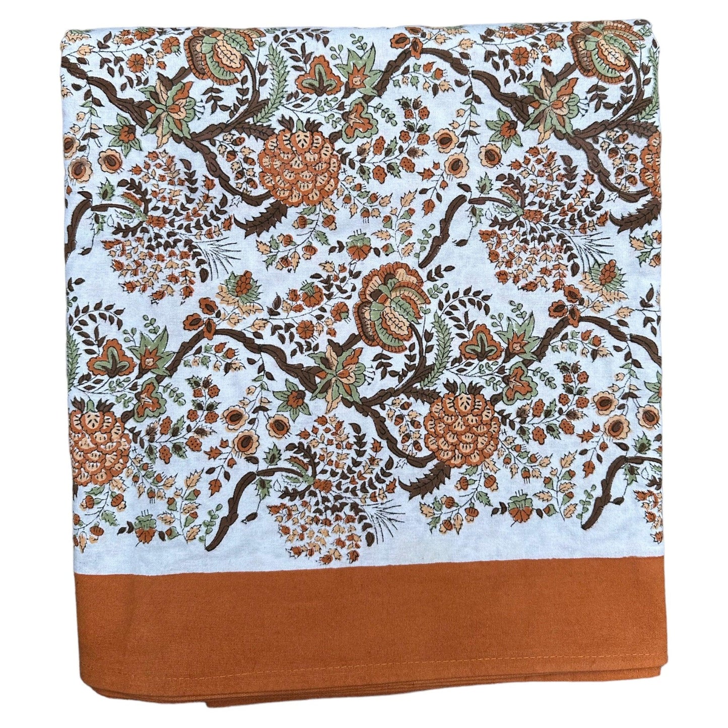 Tafelkleed Indiase blockprint wit met okergele en choco bloemprint - Frank Styling