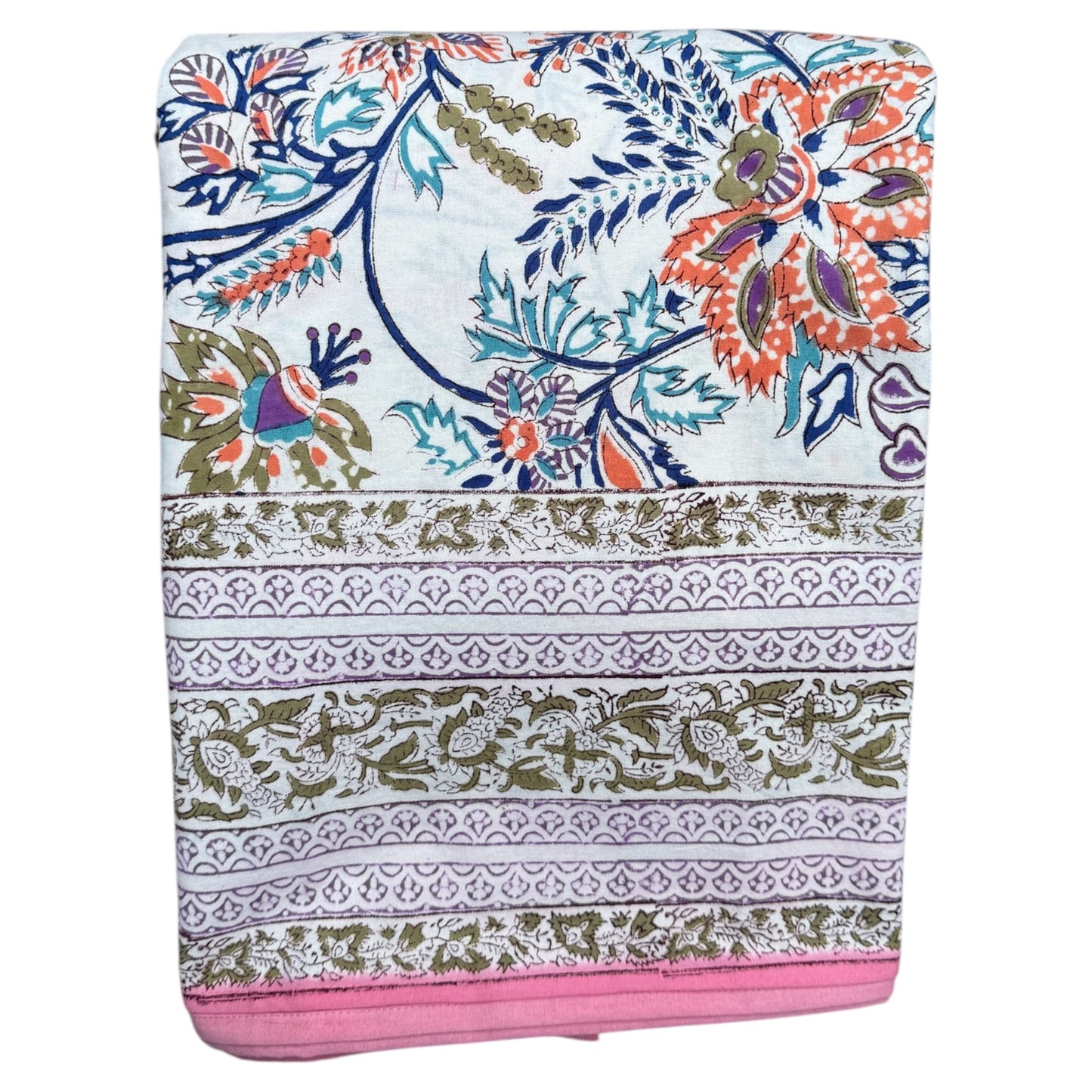 Tafelkleed Indiase blockprint oranje en blauwe bloemen