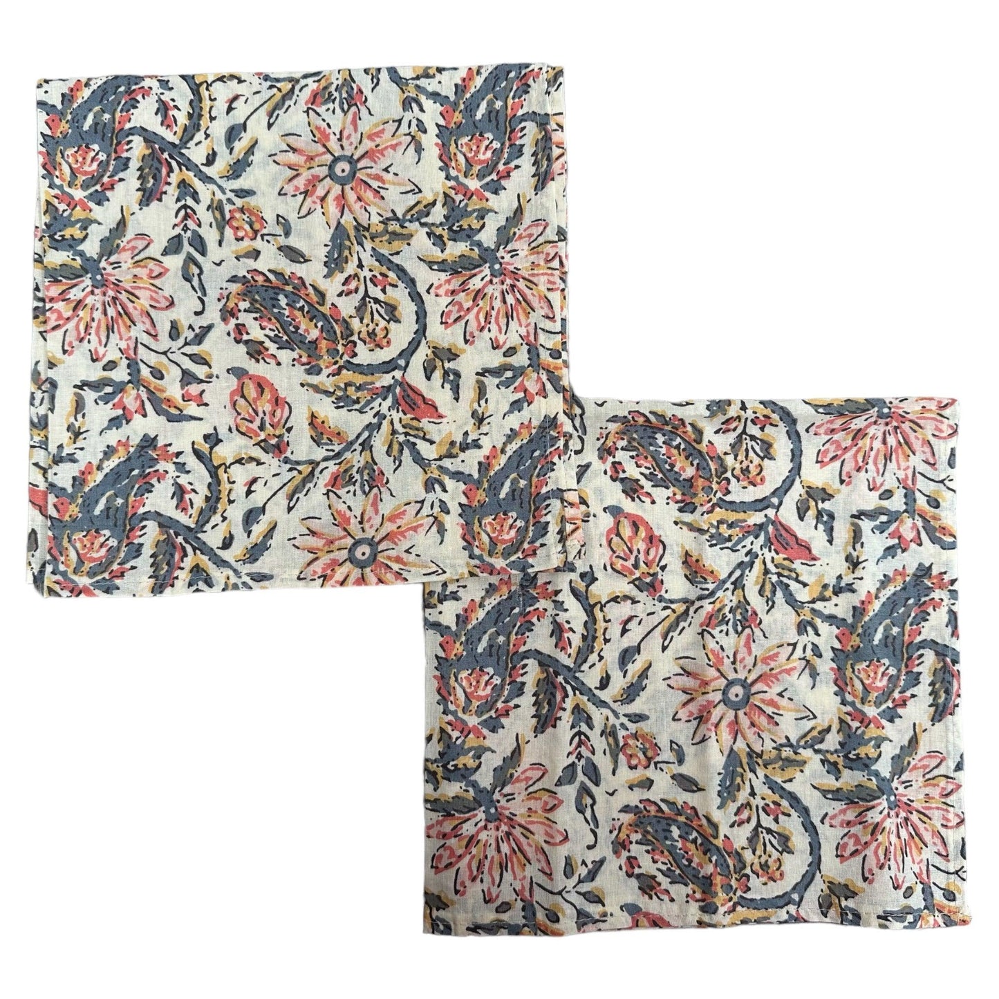 Katoenen servetten blockprint crème met motieven in oudroze en oudblauw - Frank Styling