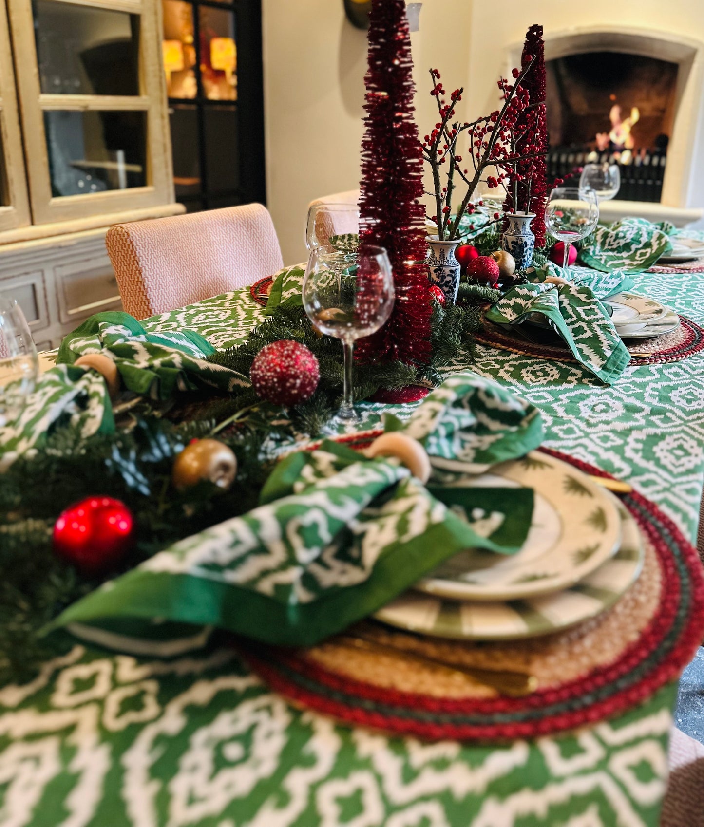Katoenen tafelkleed blockprint groene ikat