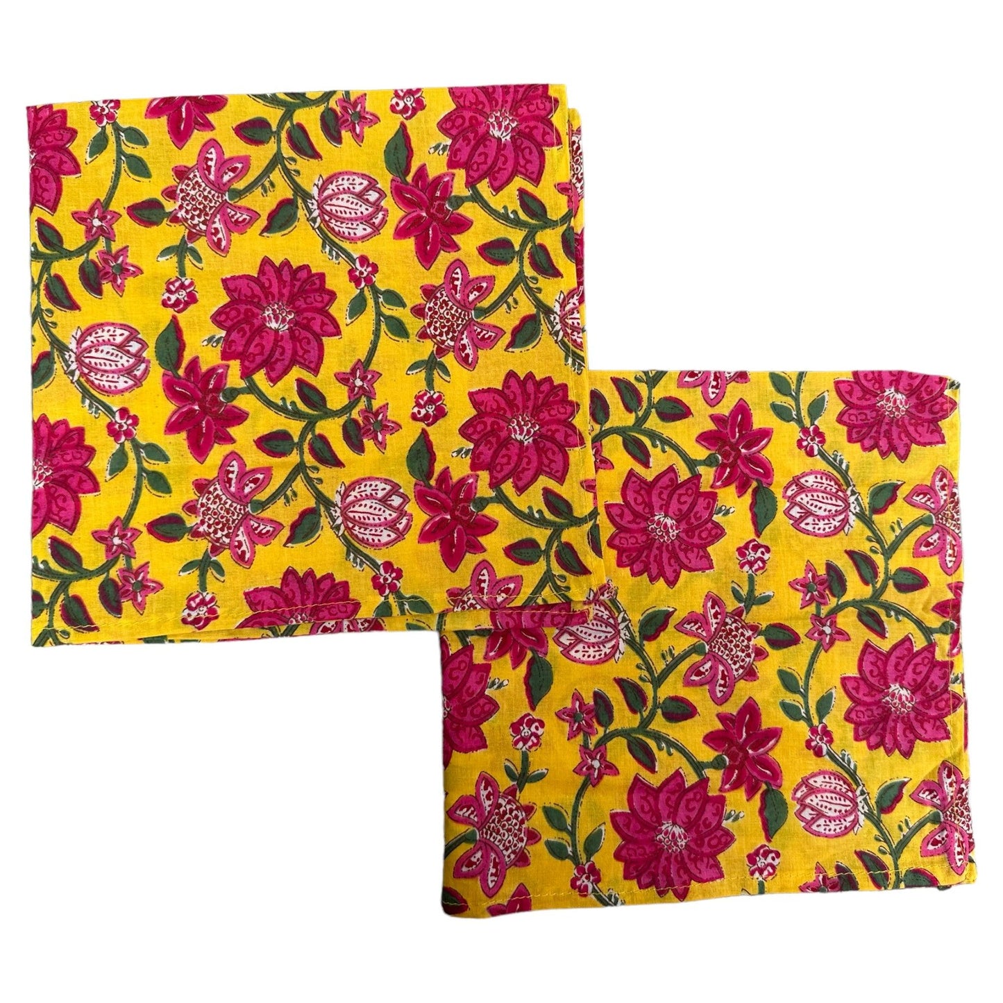 Katoenen servetten blockprint geel met fuchsia bloemen - Frank Styling