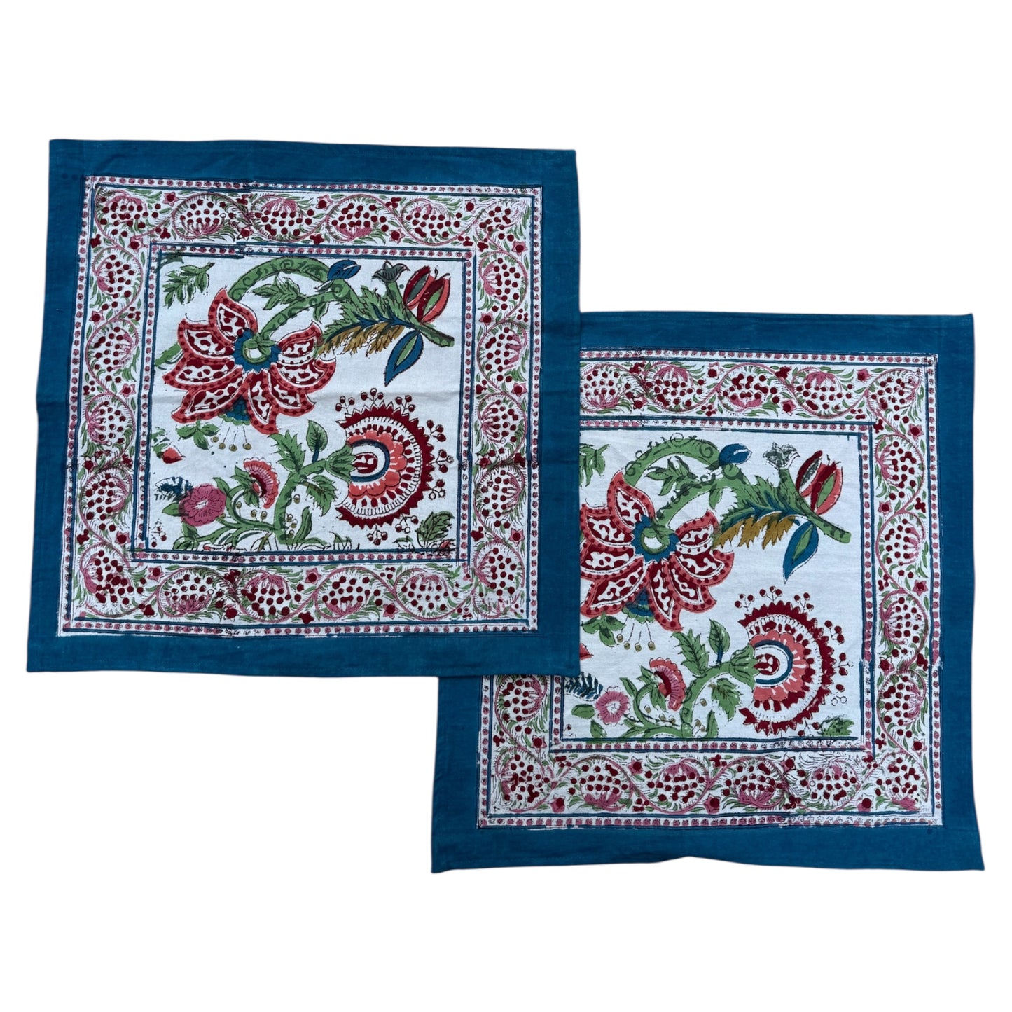 Katoenen servetten blockprint bloemenmotief fuchsia oranje met diep blauwe rand