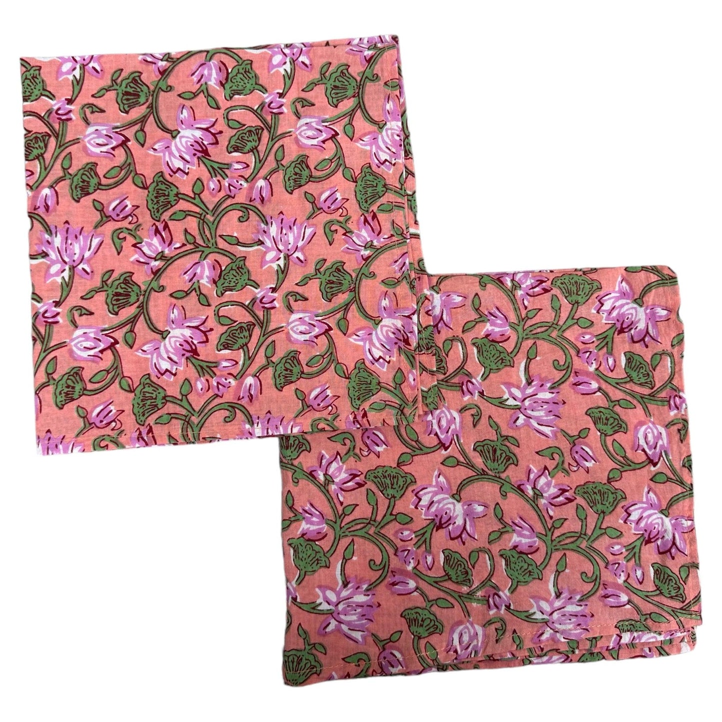 Katoenen servetten blockprint roze met groene bloemmotieven - Frank Styling