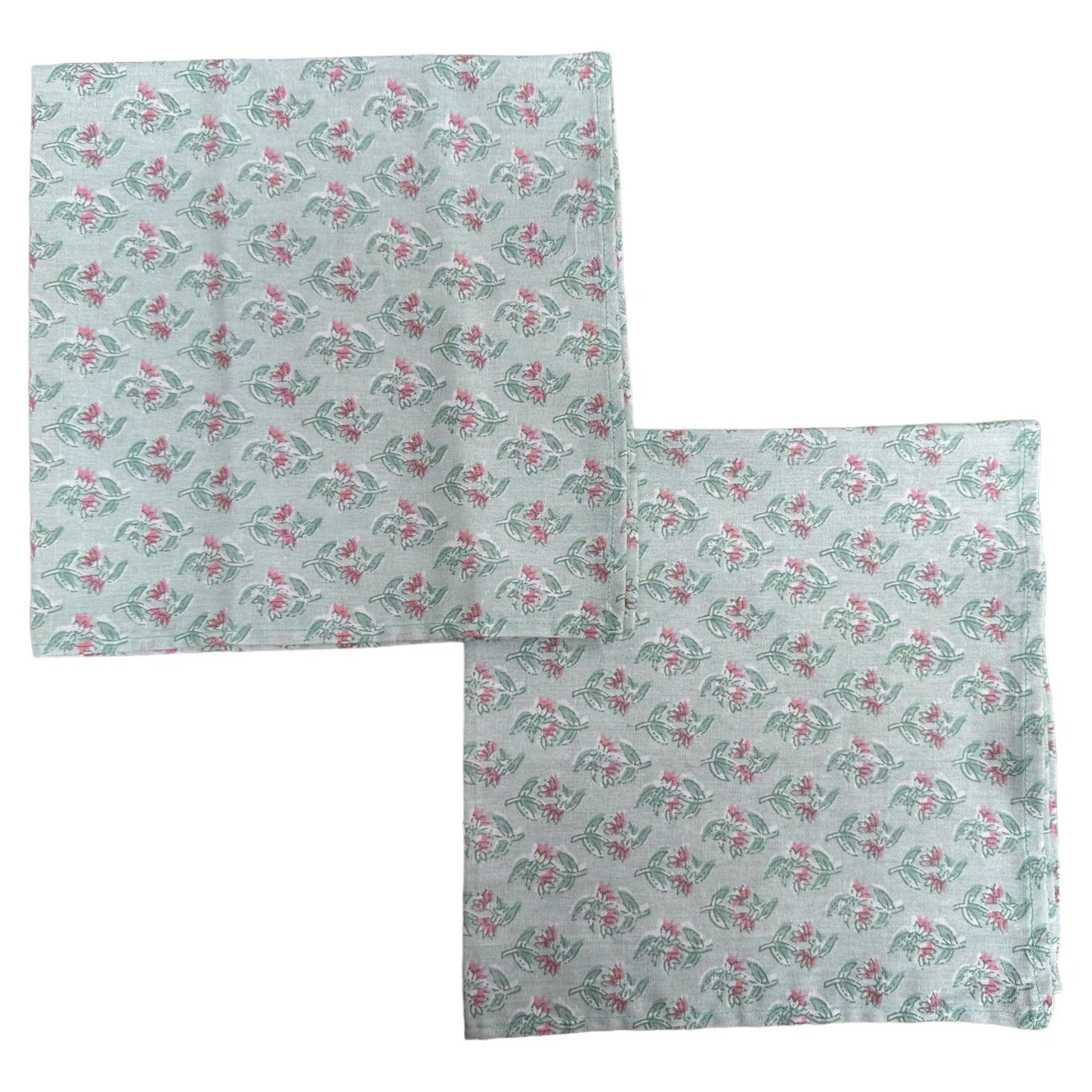 Katoenen servetten blockprint mintgroen met roze bloemetjes - Frank Styling