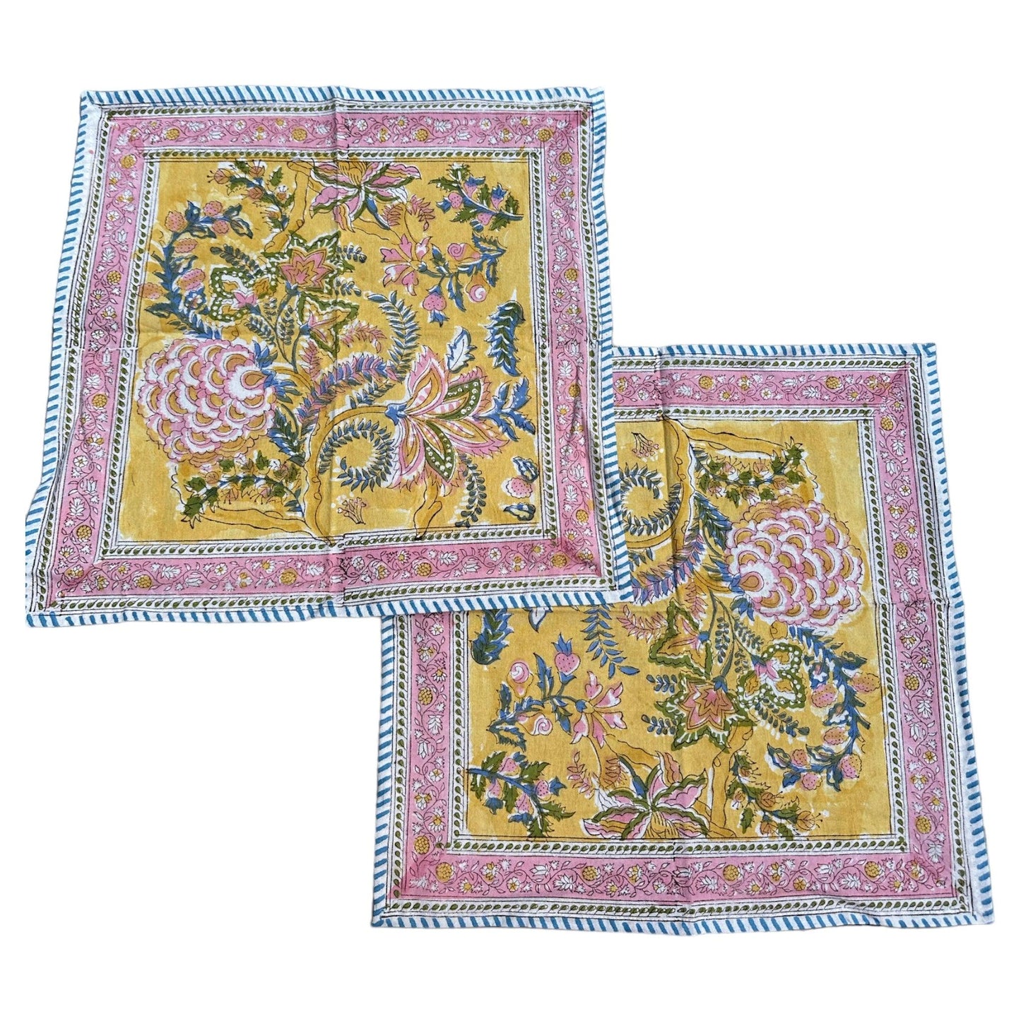 Katoenen servetten blockprint geel met roze, blauw en groene bloemen - Frank Styling