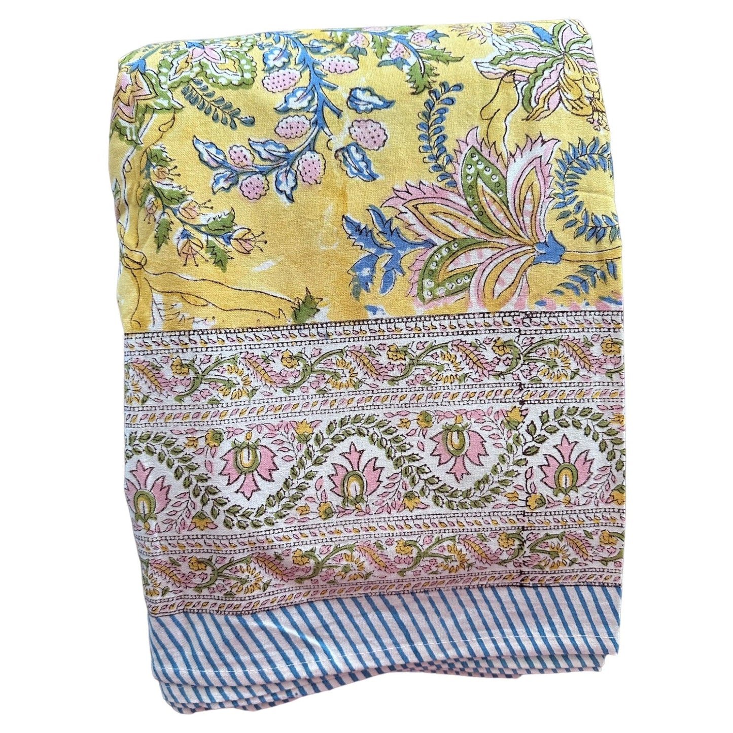 Katoenen servetten blockprint geel met roze, blauw en groene bloemen - Frank Styling