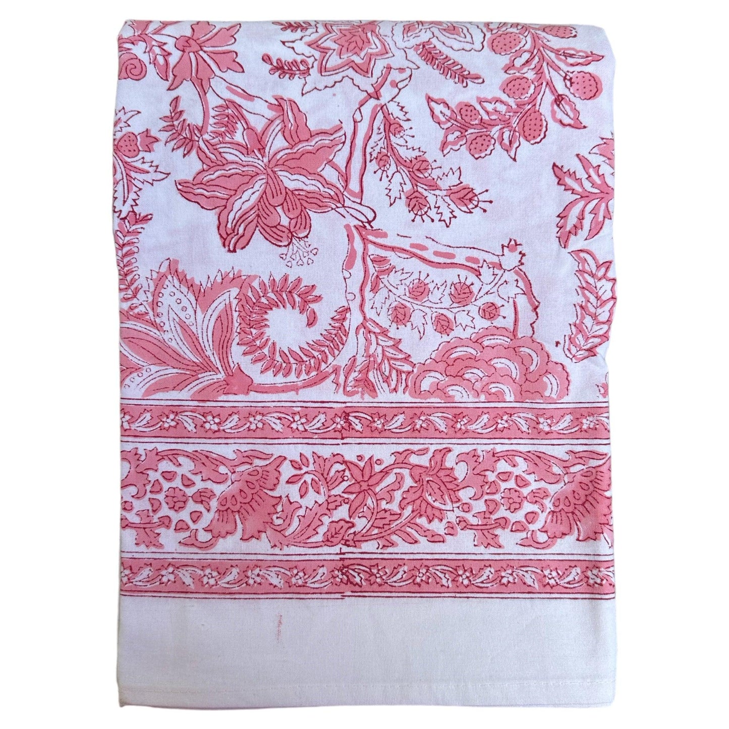 Tafelkleed Indiase blockprint wit met roze bloemprint - Frank Styling