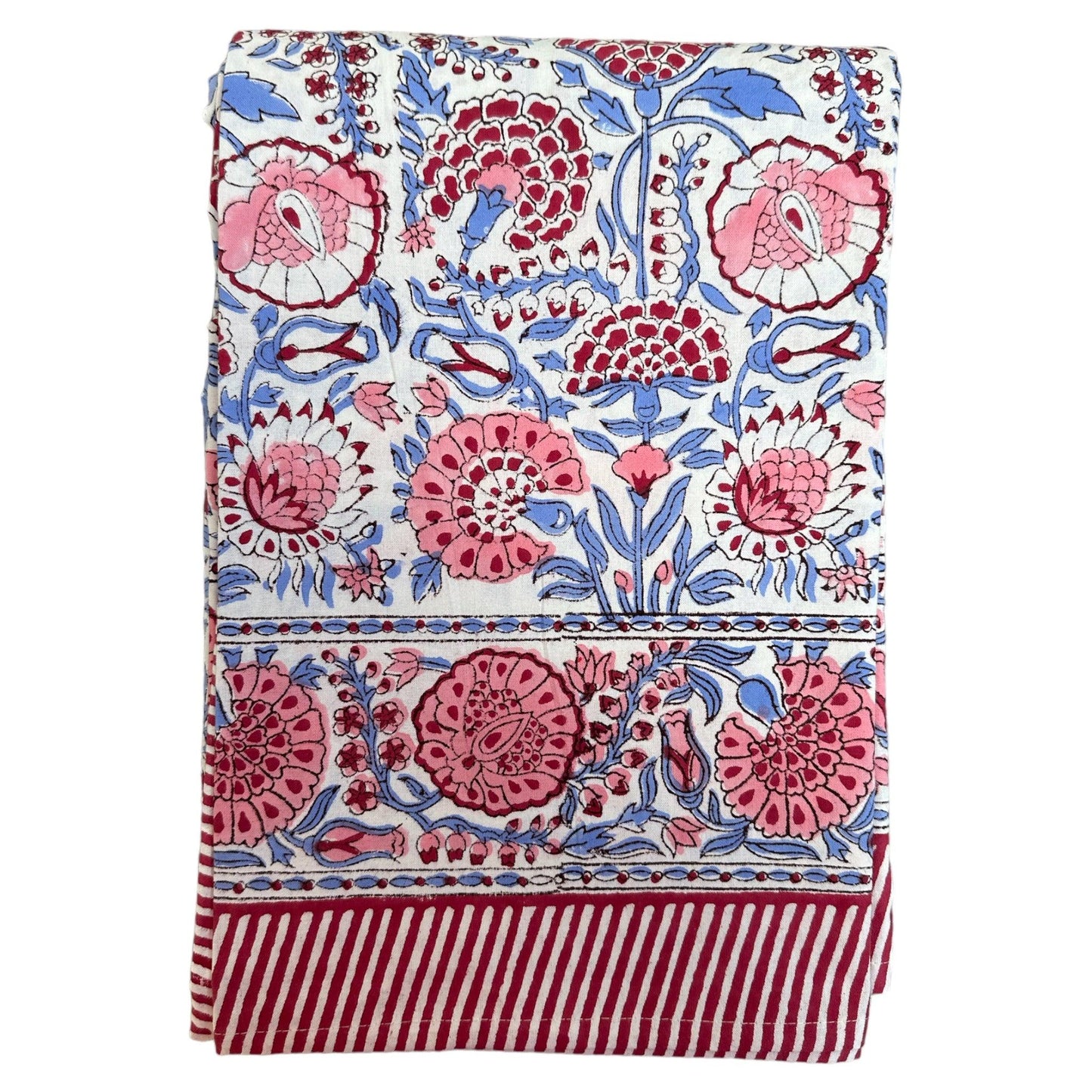 Tafelkleed Indiase blockprint wit met bordeaux rood, lavendel blauw en roze bloemen - Frank Styling