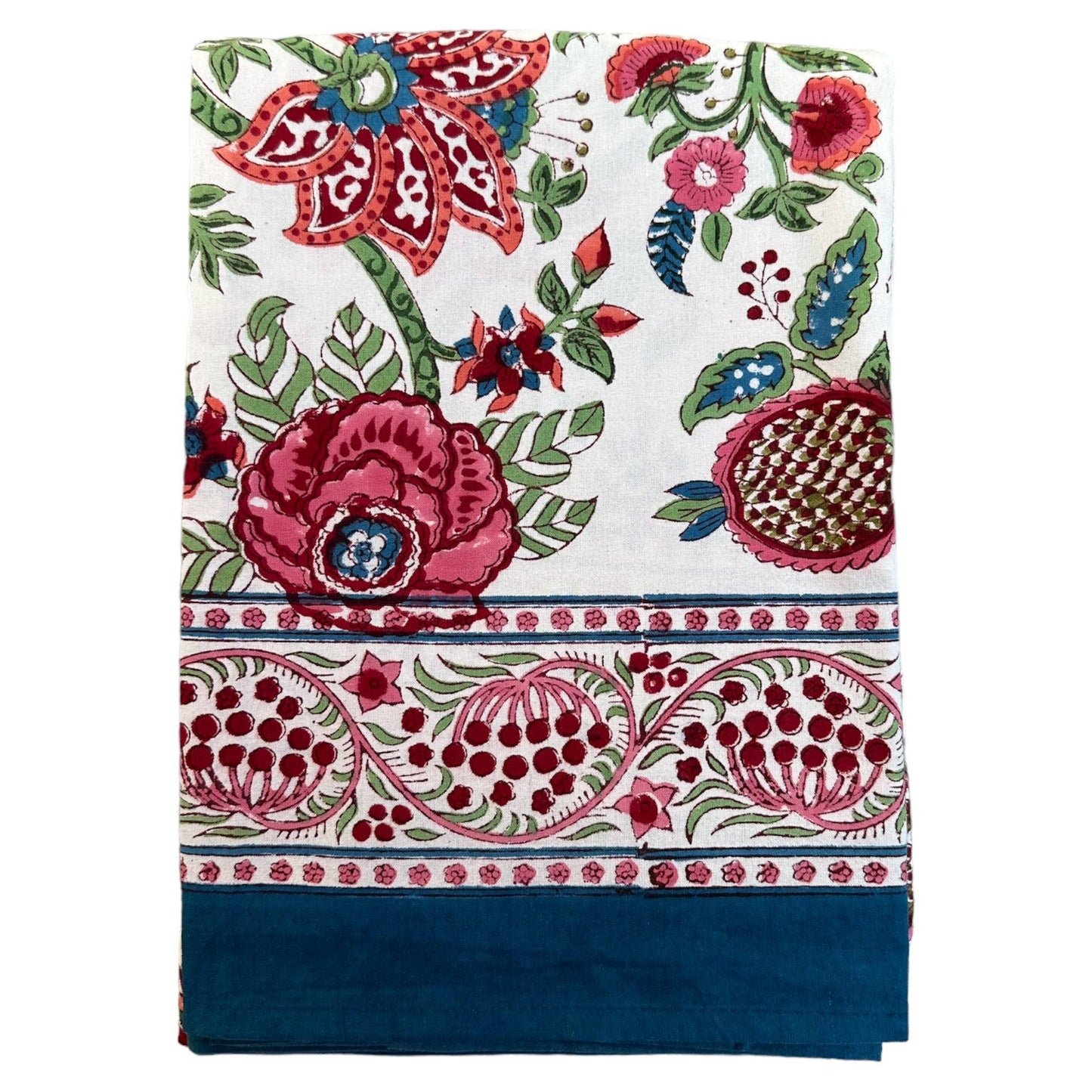 Tafelkleed Indiase blockprint wit met frambooskleurige bloemen en groene takken - Frank Styling