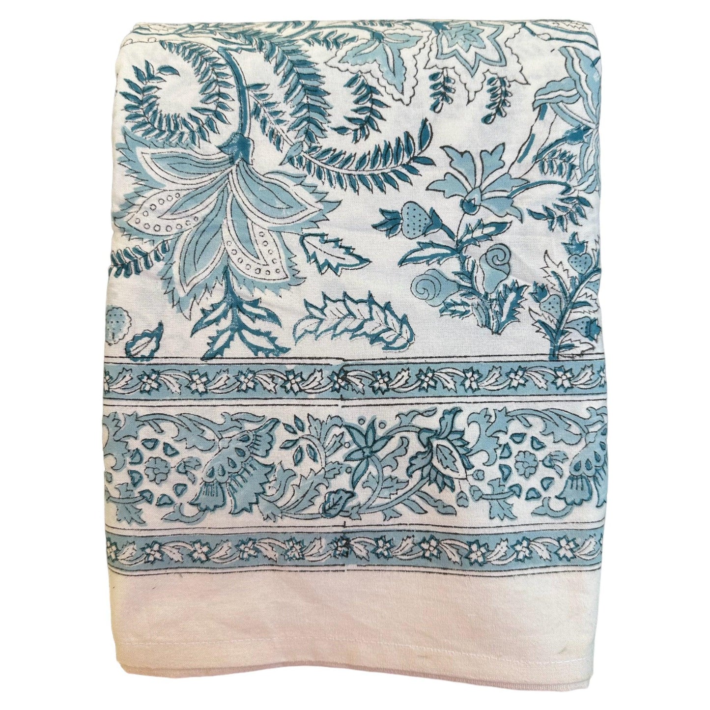 Tafelkleed Indiase blockprint wit met lichtblauwe bloemenprint - Frank Styling