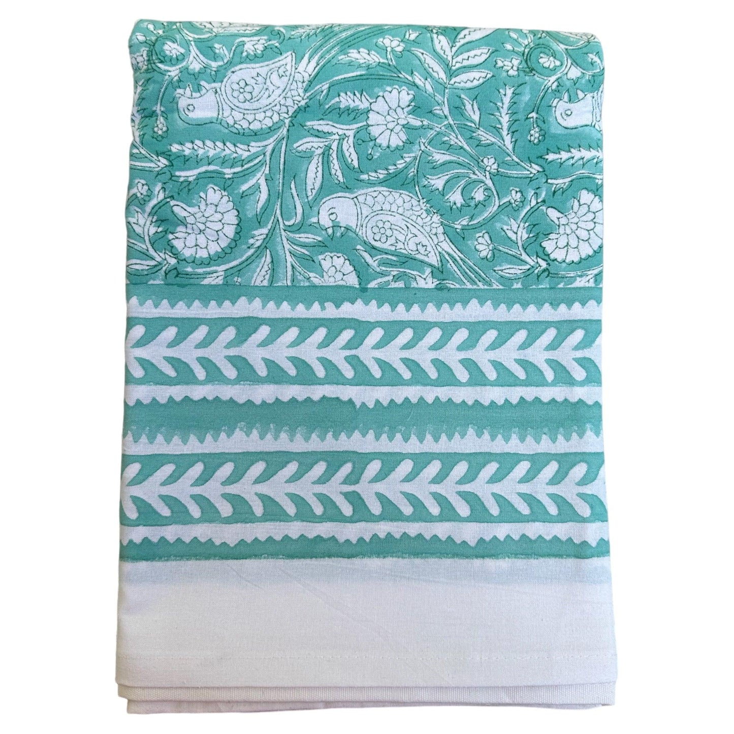 Tafelkleed Indiase blockprint aqua groen met witte vogels - Frank Styling