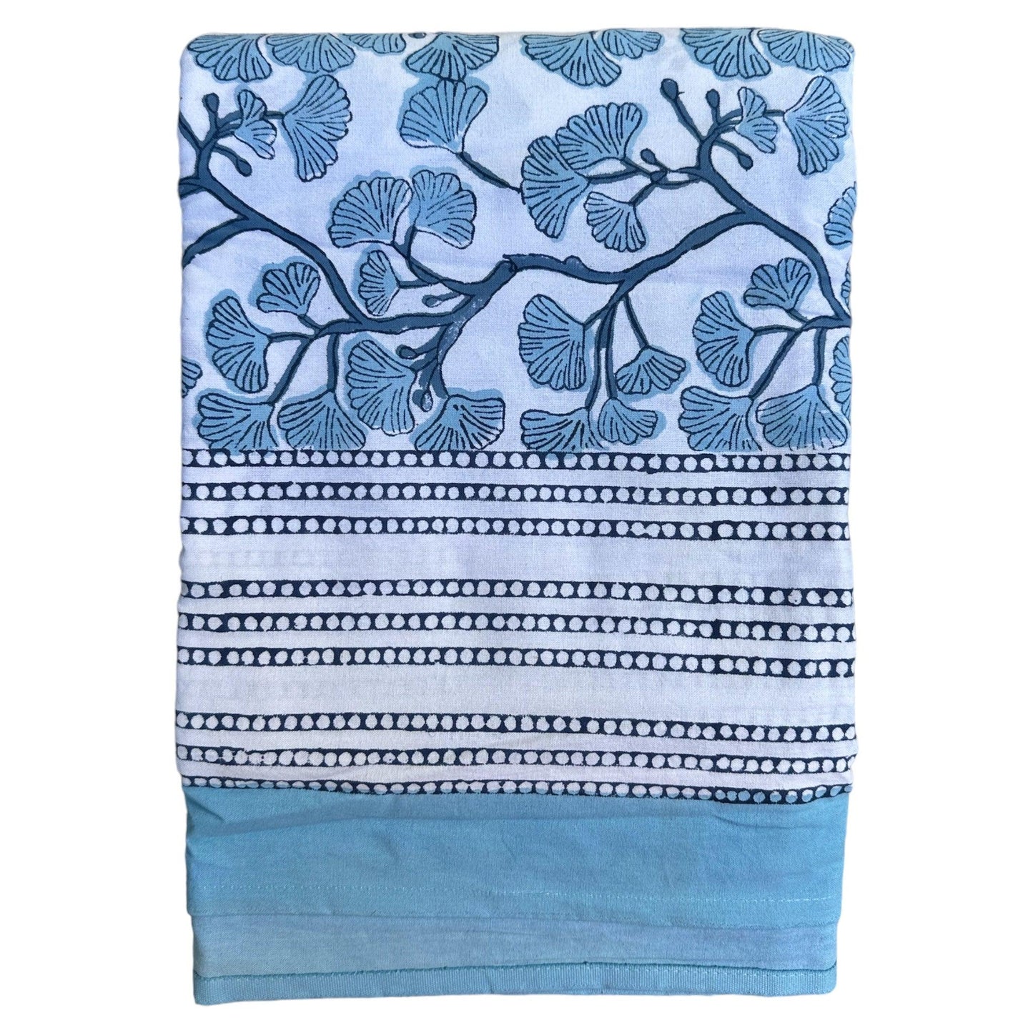 Tafelkleed Indiase blockprint lichtblauw met witte ginkgo bladmotieven - Frank Styling