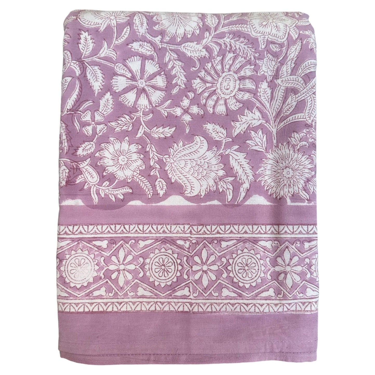 Tafelkleed Indiase blockprint zacht lila met witte bloemmotieven - Frank Styling