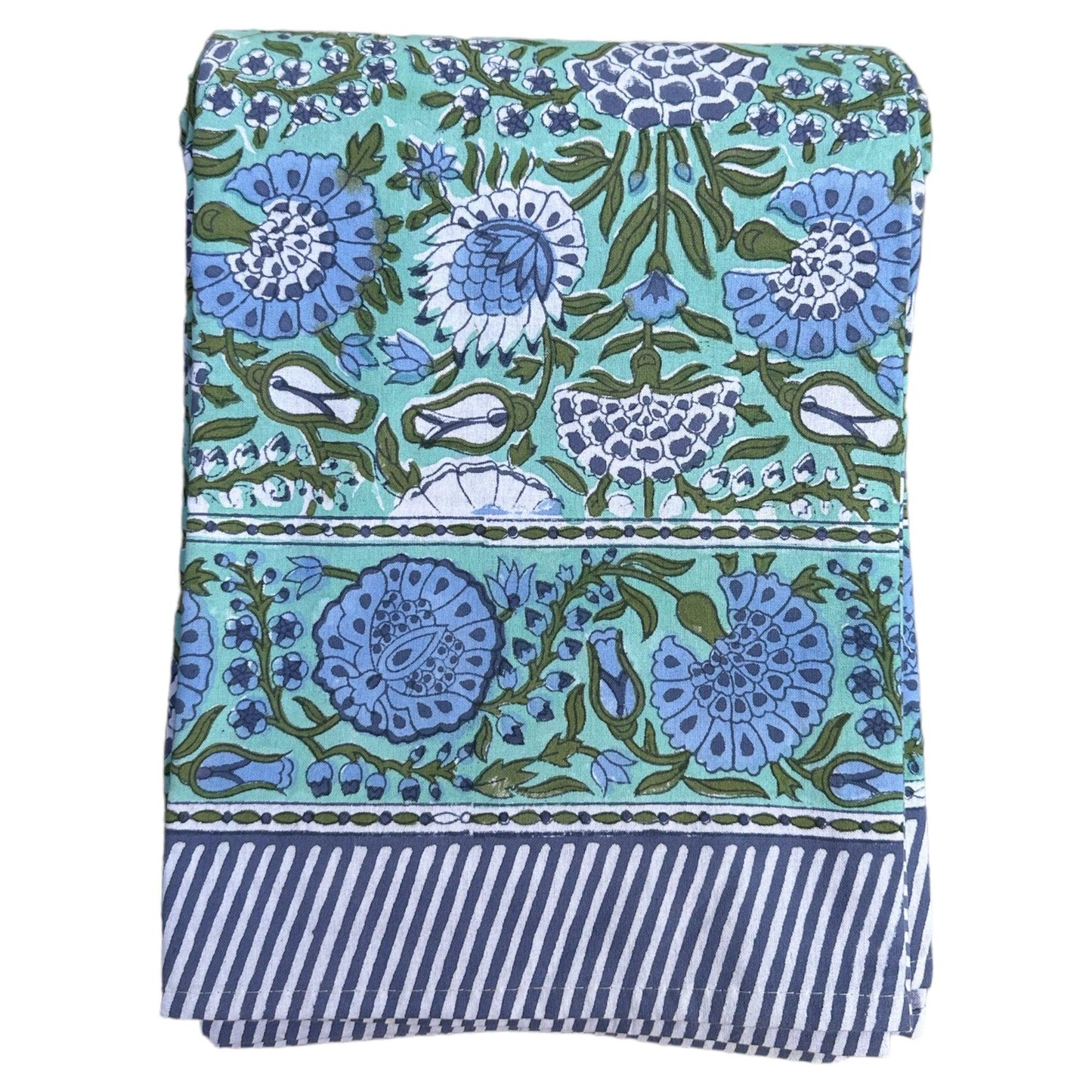 Tafelkleed Indiase blockprint aquagroen met blauwe bloemprint - Frank Styling