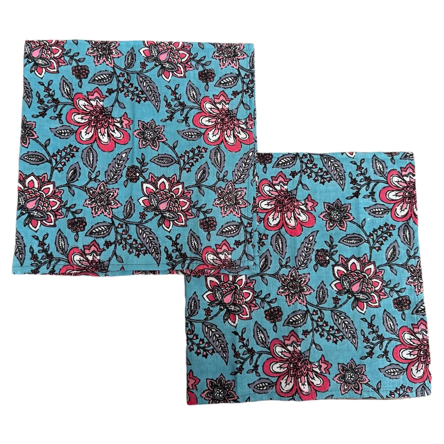 Katoenen servetten blockprint turquoise met roze bloemmotieven - Frank Styling