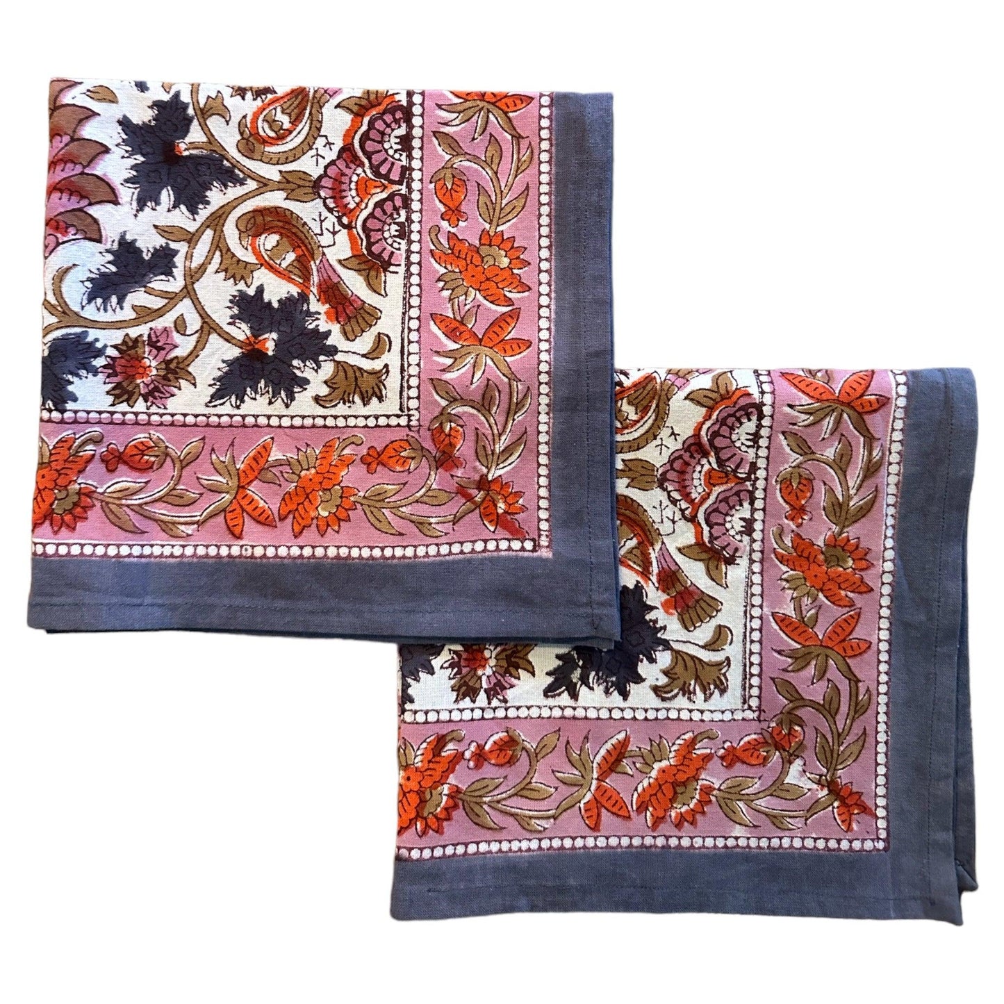 Tafelkleed Indiase blockprint offwhite okergele, blauw en roze bloemen - Frank Styling
