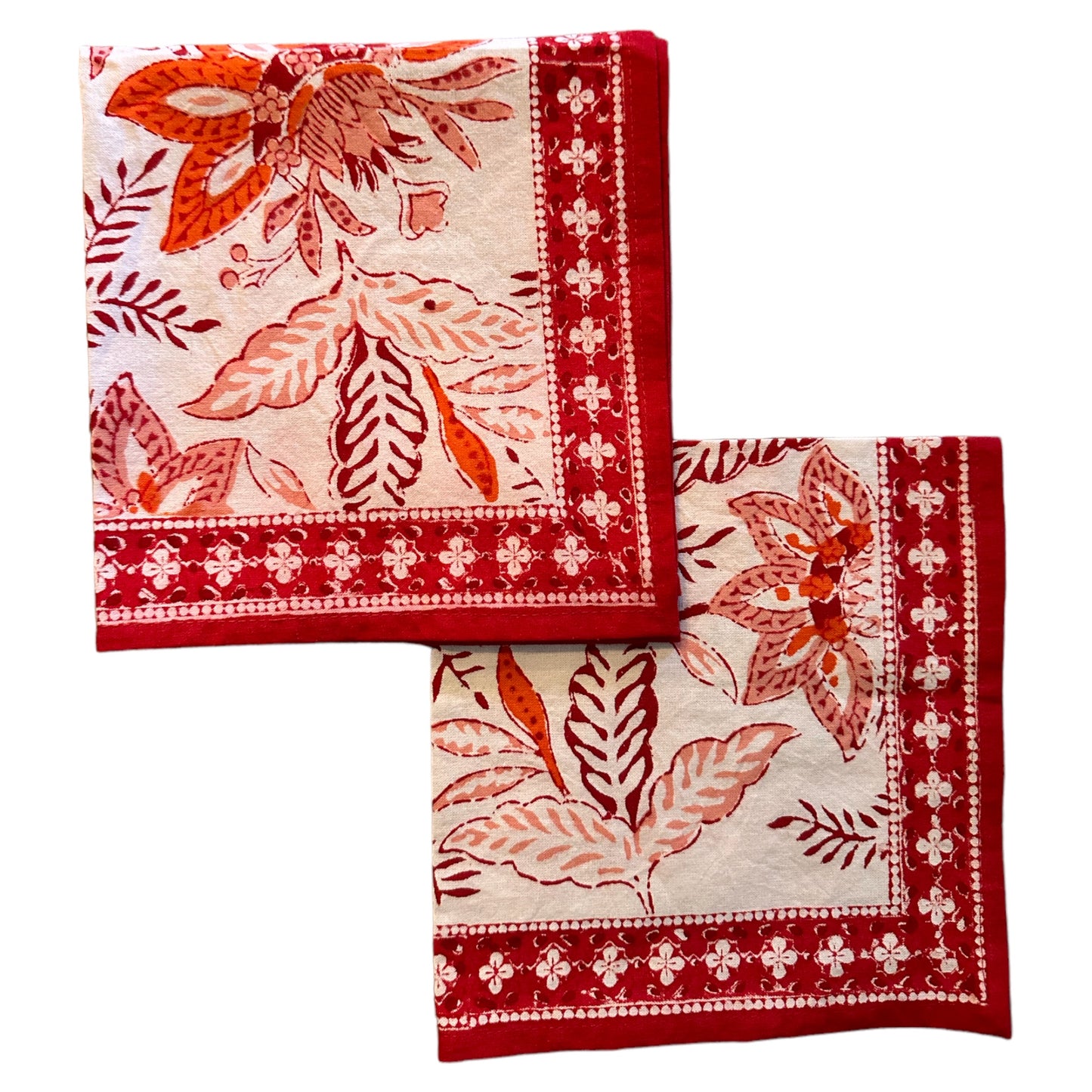 Katoenen blockprint servetten wit met rode en oranje bloemen