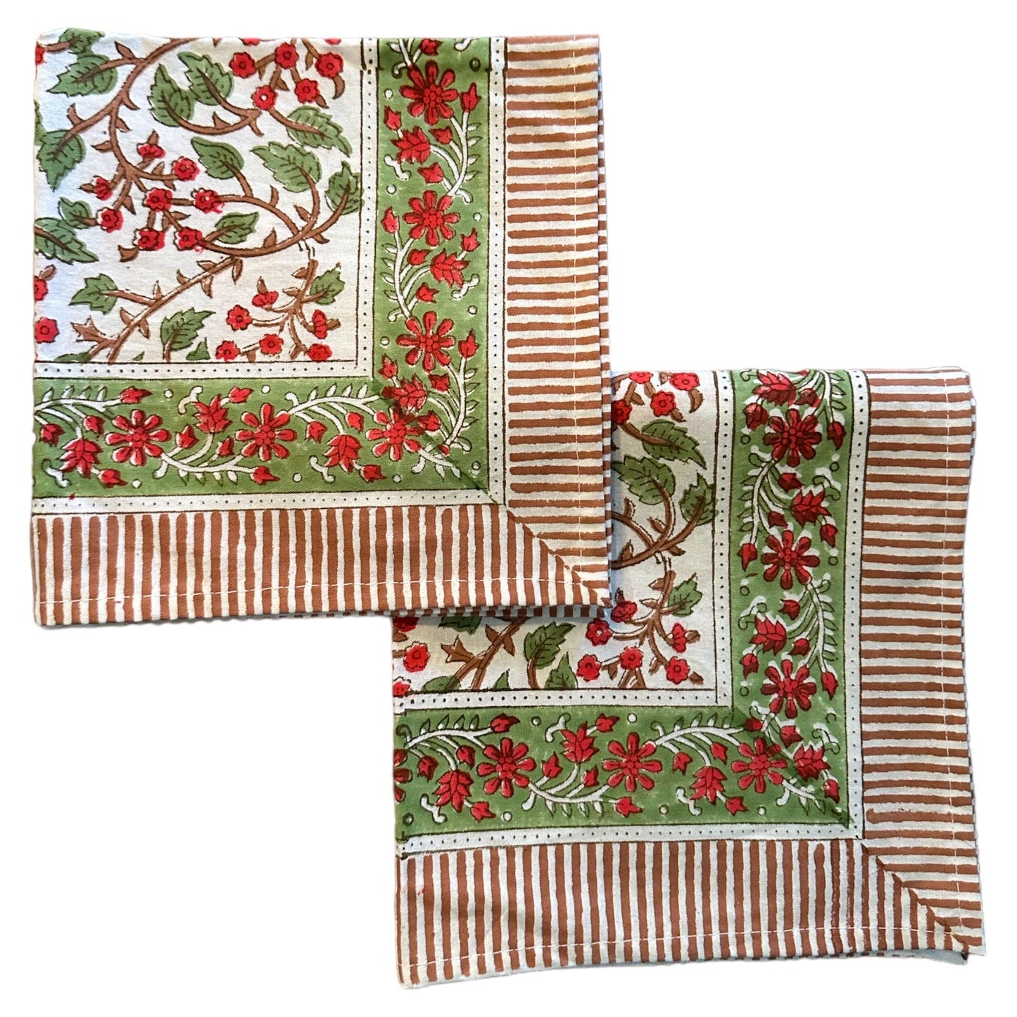 Tafelkleed Indiase blockprint serene wit met groene takjes en rode bloemetjes - Frank Styling