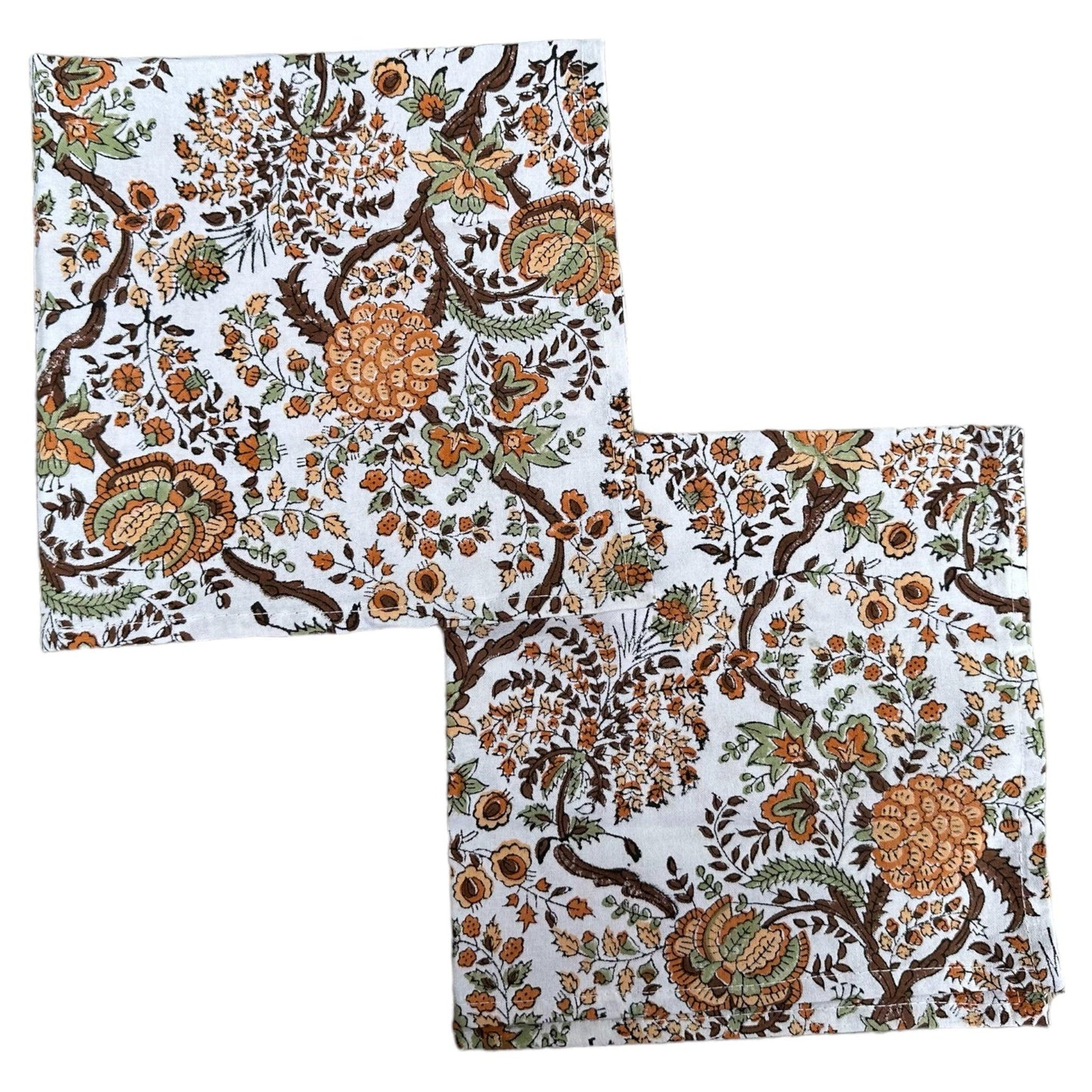Katoenen servetten blockprint bruine takjes met oranje bloemetjes - Frank Styling