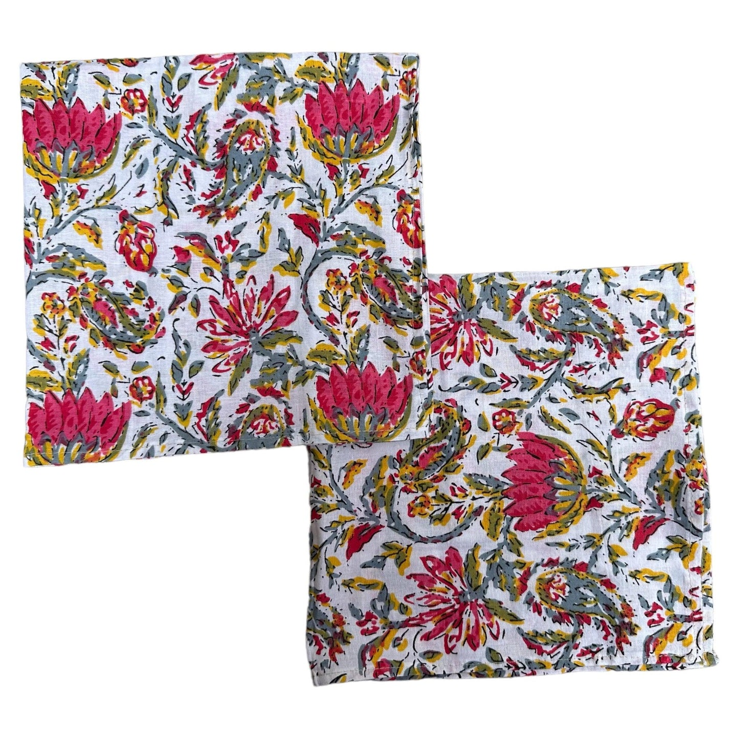 Katoenen servetten blockprint wit met fuchsia en gele bloemmotieven - Frank Styling