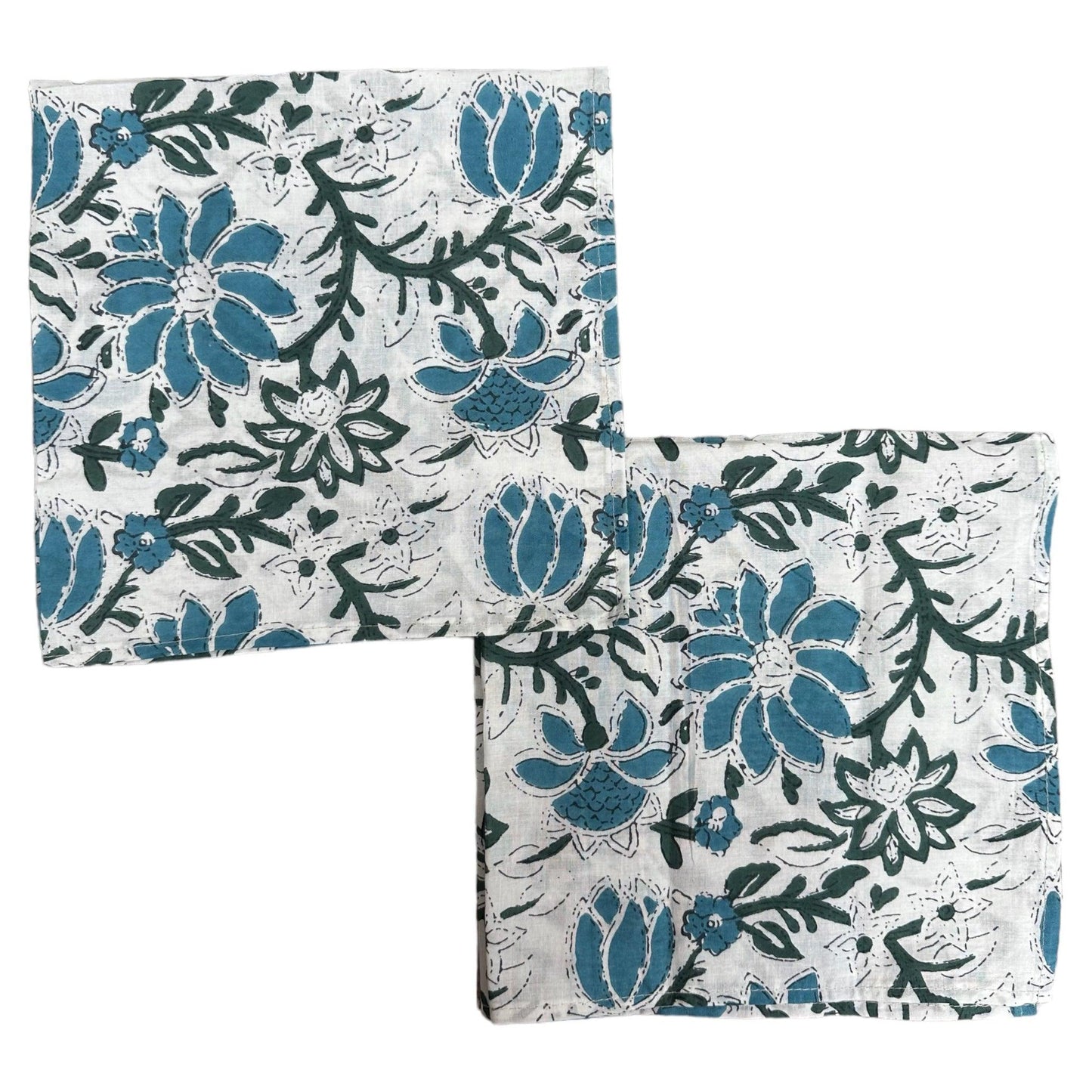 Katoenen servetten blockprint wit met levendige bloemen in groen en dusty blue - Frank Styling