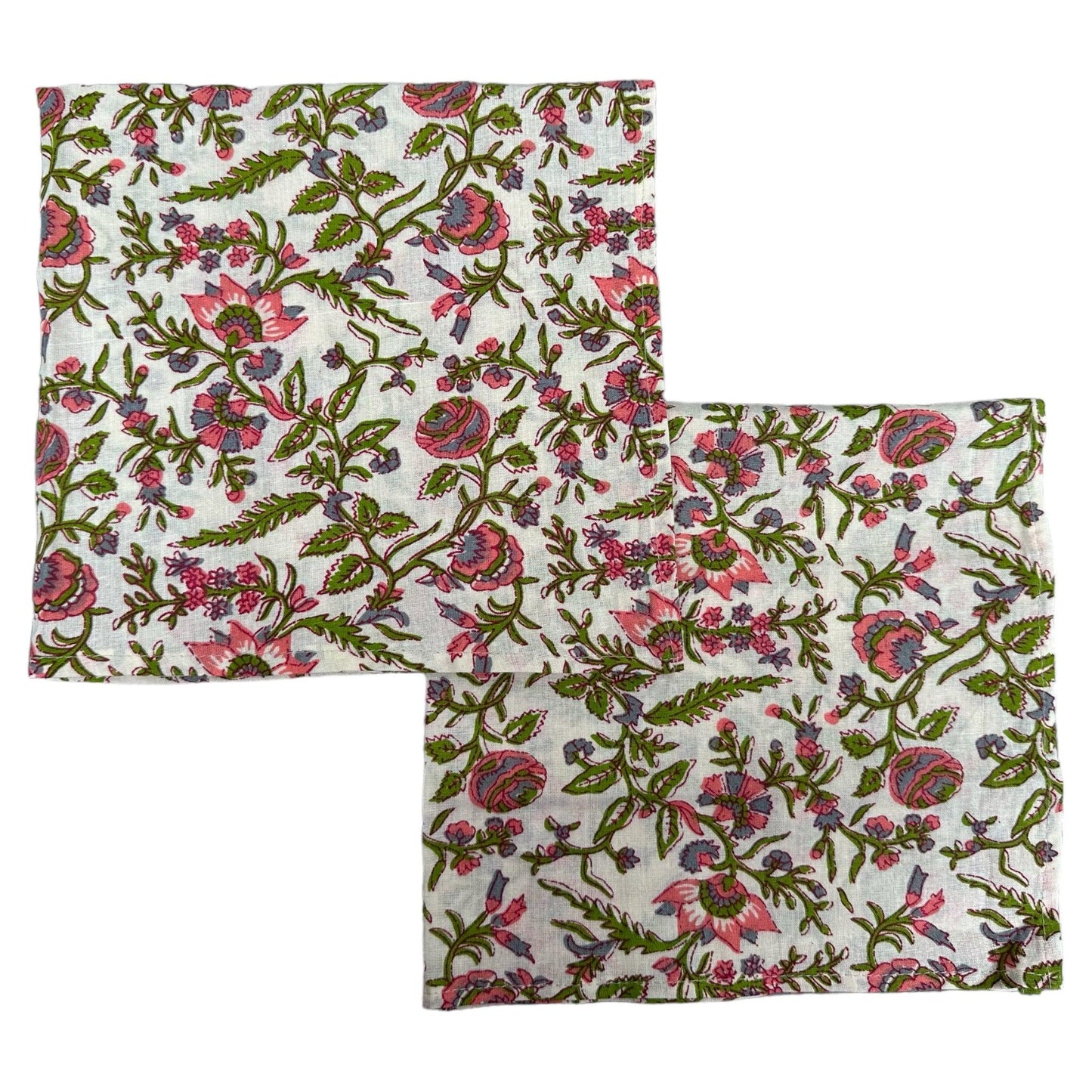 Katoenen servetten blockprint gebroken wit met bloemmotief in groen, roze en blauw - Frank Styling