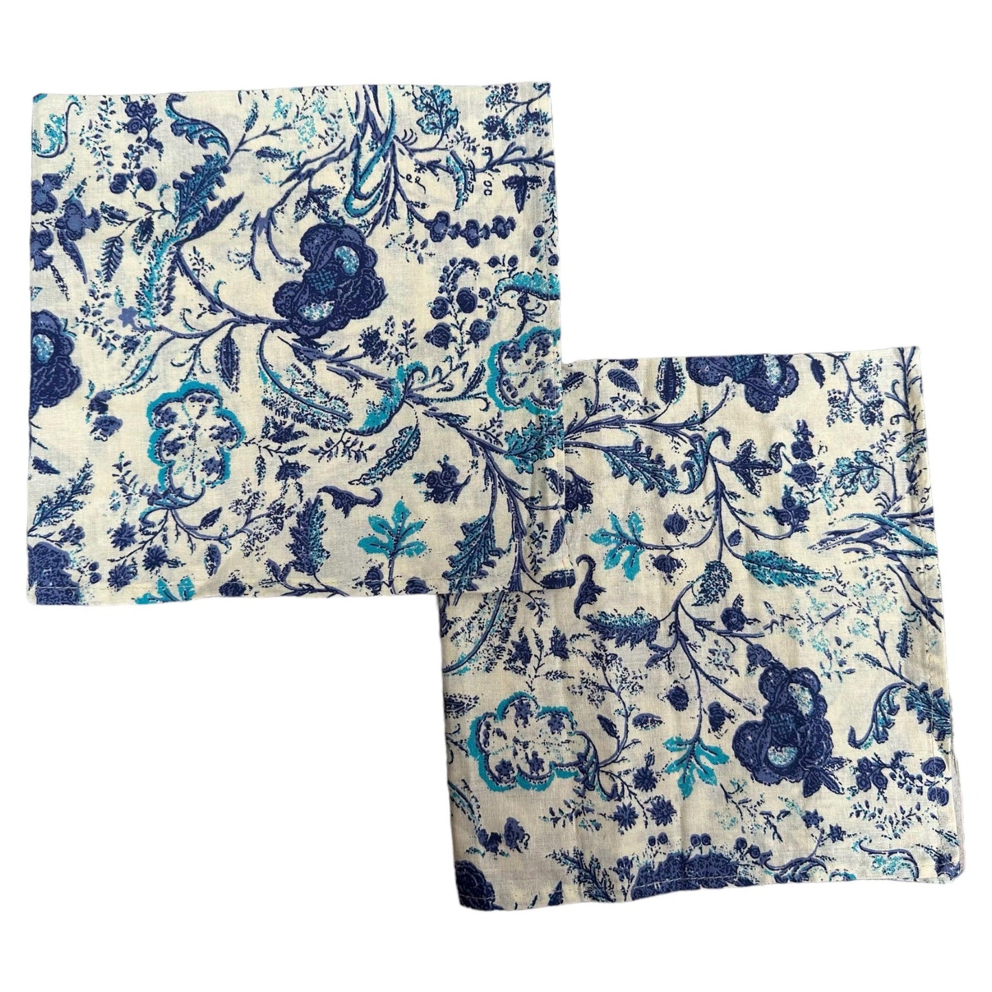 Katoenen servetten blockprint crème met levendige bloemen in blauw en azuurblauw - Frank Styling