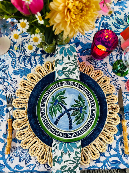 Katoenen servetten blockprint wit met levendige bloemen in groen en dusty blue - Frank Styling
