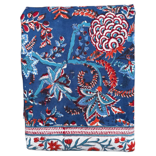 Tafelkleed Indiase blockprint blauw met oranje en licht blauwe bloemen