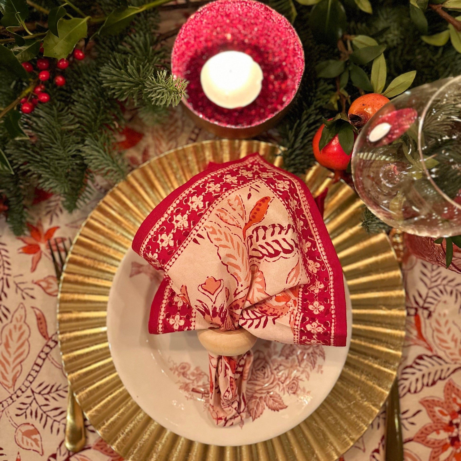 Tafelkleed Indiase blockprint off white met rood en oranje - Frank Styling