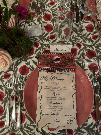 Tafelkleed Indiase blockprint frambooskleurige granaatappel