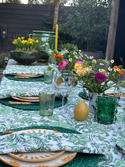 Tafelkleed Indiase blockprint wit met groene bloemmotieven