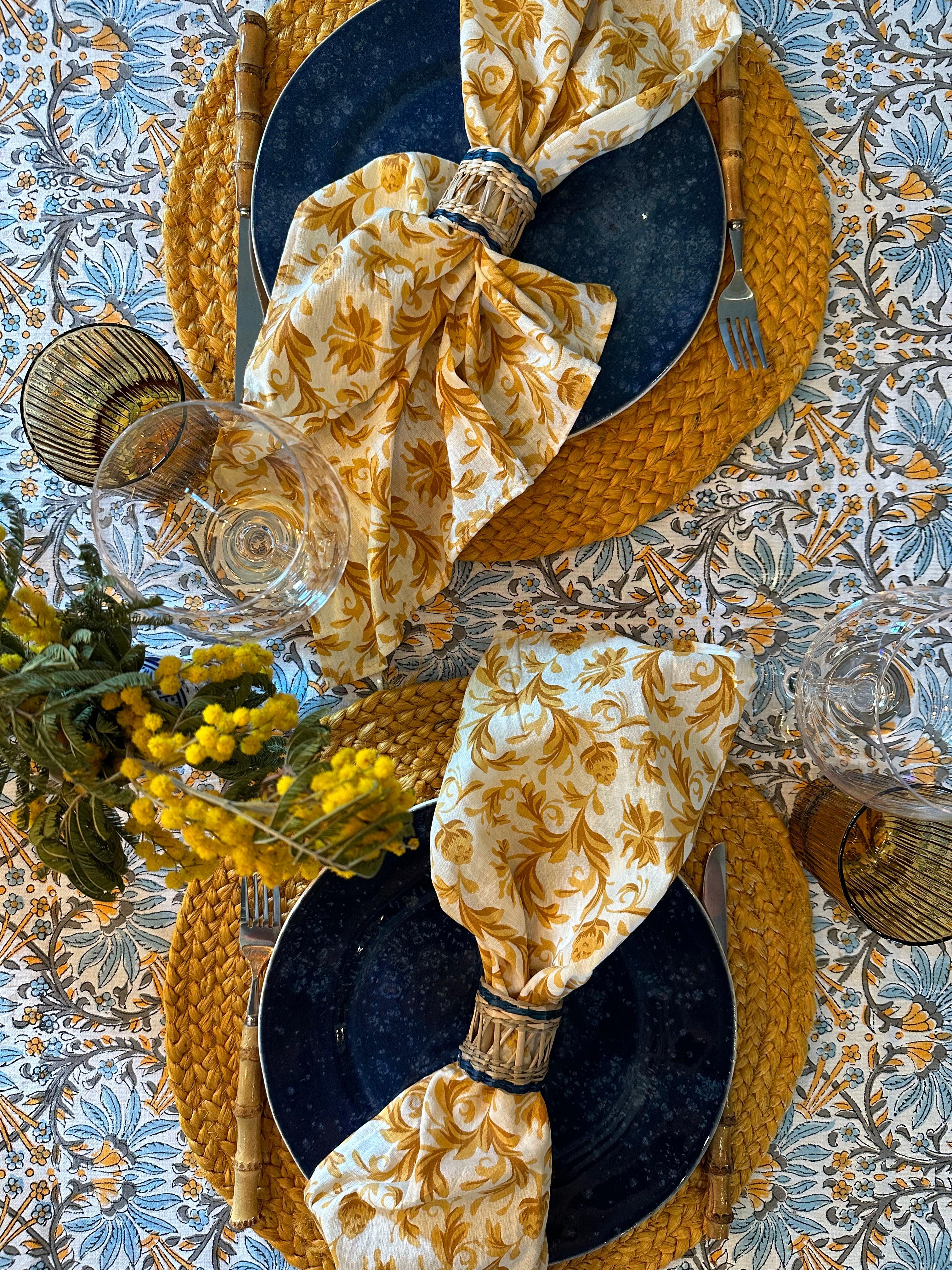 Tafelkleed Indiase blockprint licht blauw met geel - Frank Styling