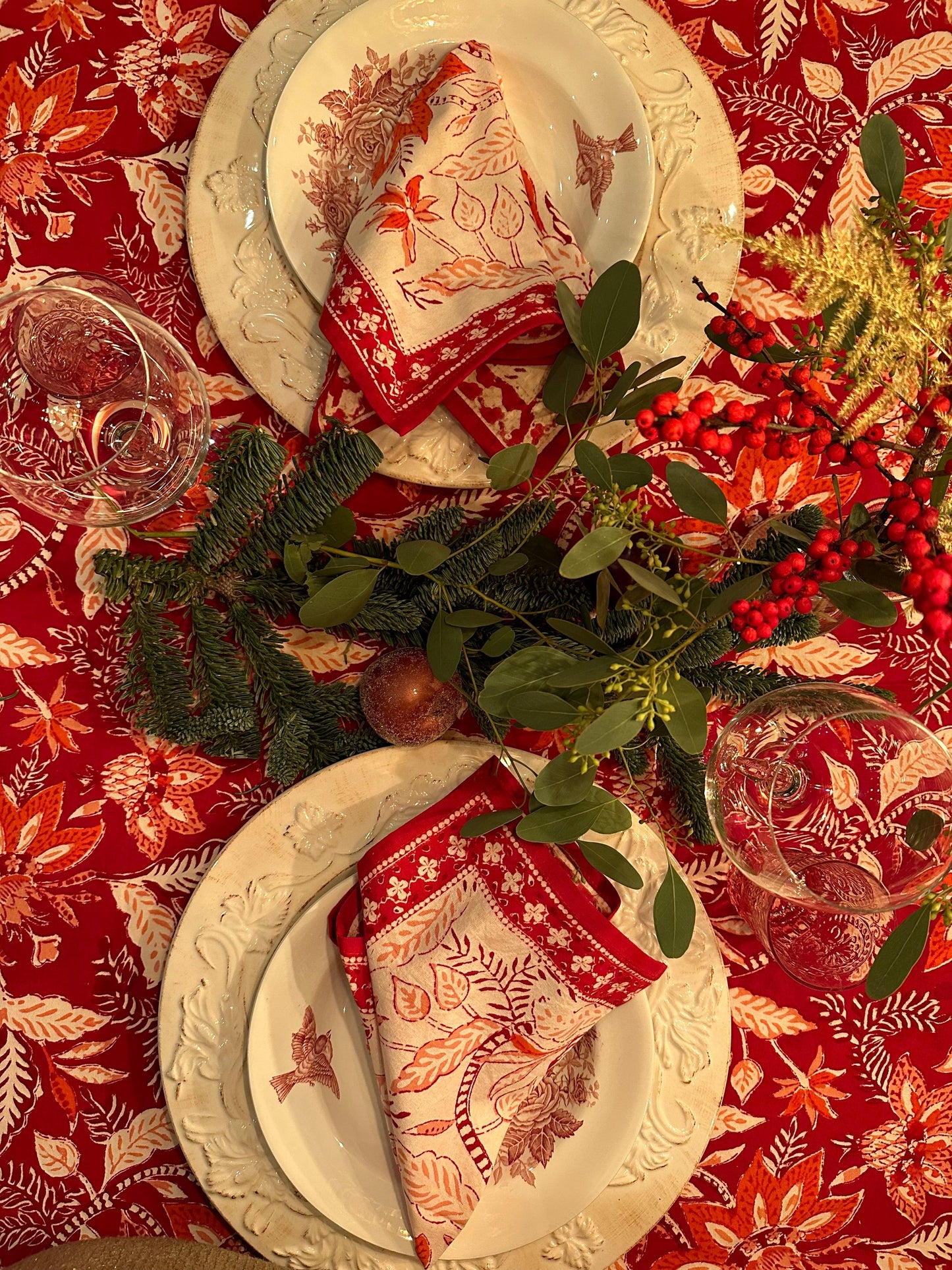 Tafelkleed Indiase blockprint bordeaux met rood en wit - Frank Styling