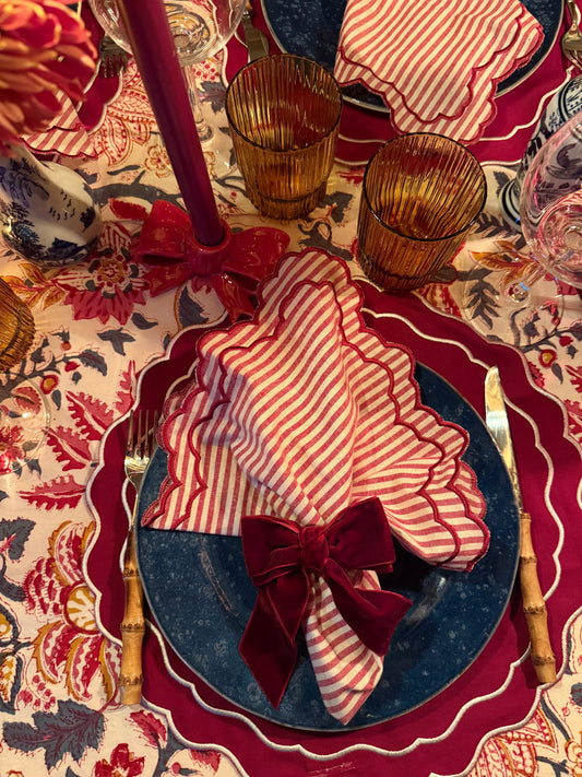 Katoenen servetten (2 stuks) burgundy-wit streepje met golvende rand