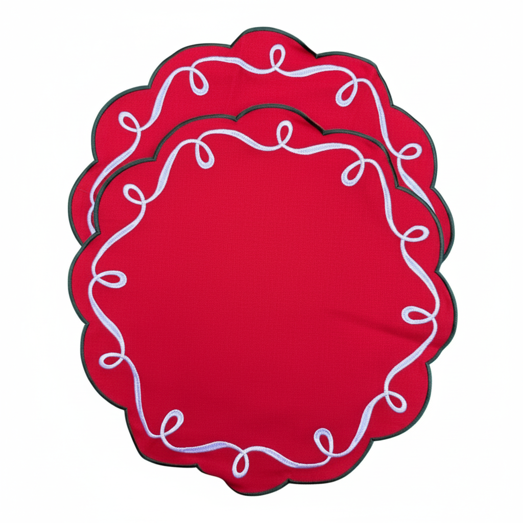 Placemats (2 stuks) kerstrood met groene en witte krulrand
