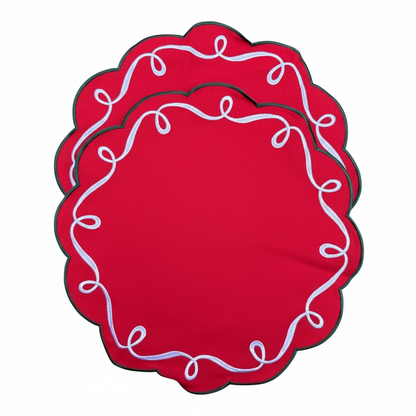 Placemats (2 stuks) kerstrood met groene en witte krulrand