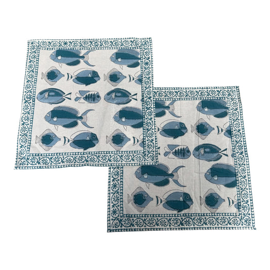 Katoenen blockprint servetten blauwe vissen