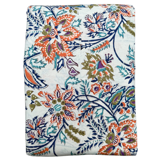 Tafelkleed Indiase blockprint oranje en blauwe bloemen