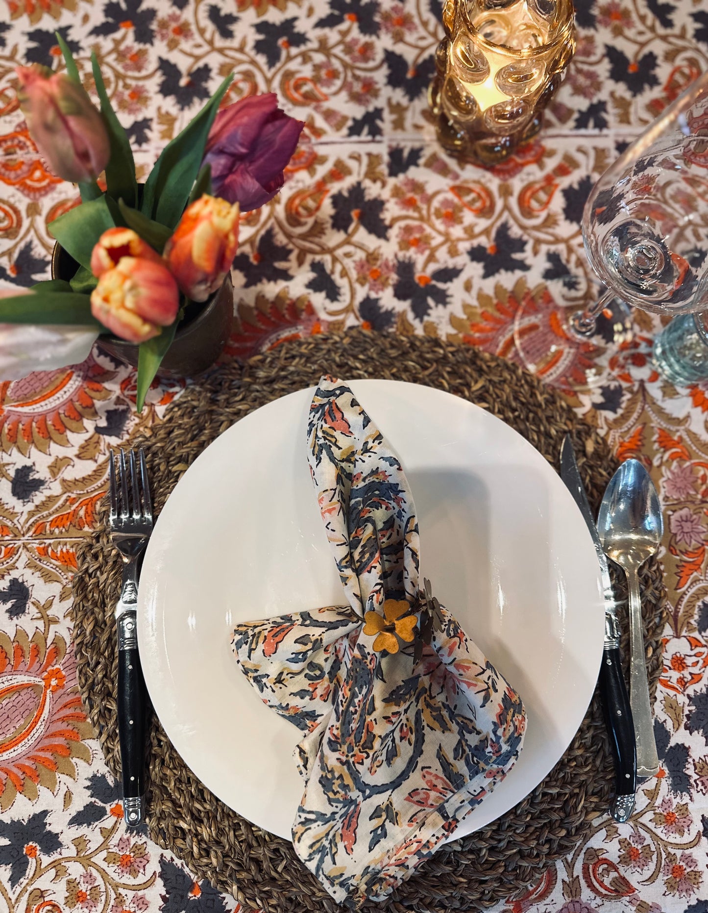 Tablecloth Indian block print off-white ocher yellow, blue and pink flowers