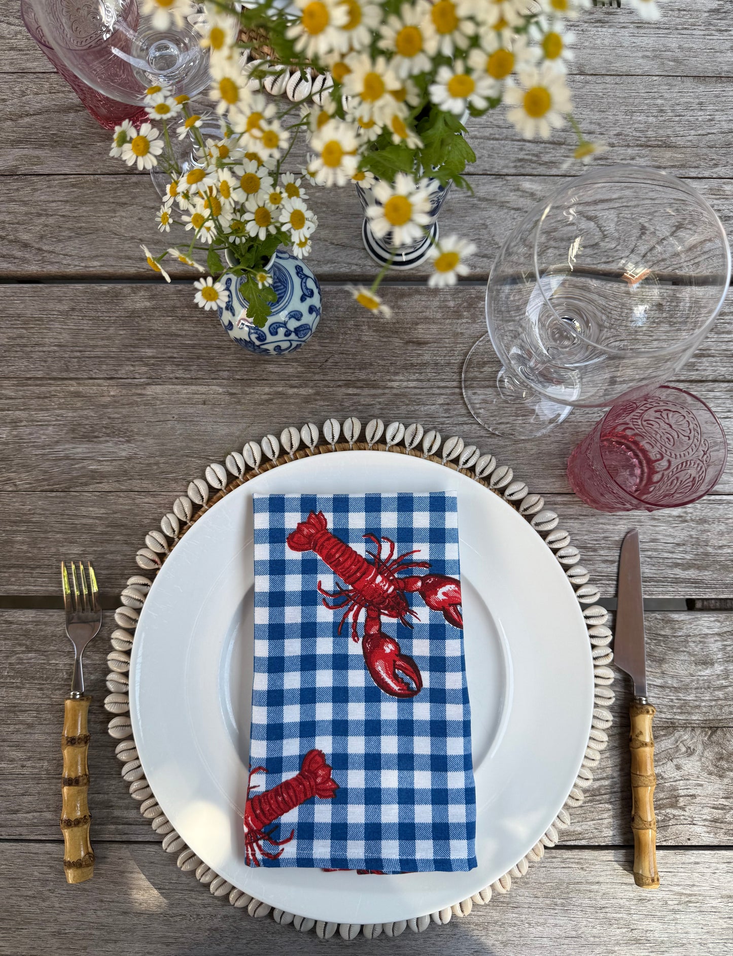 Servetten blauwe ruit met kreeftenprint