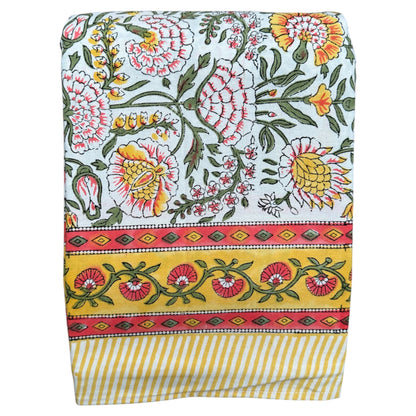 Katoenen servetten (2 stuks) blockprint geel met oranje bloem en groene takjes